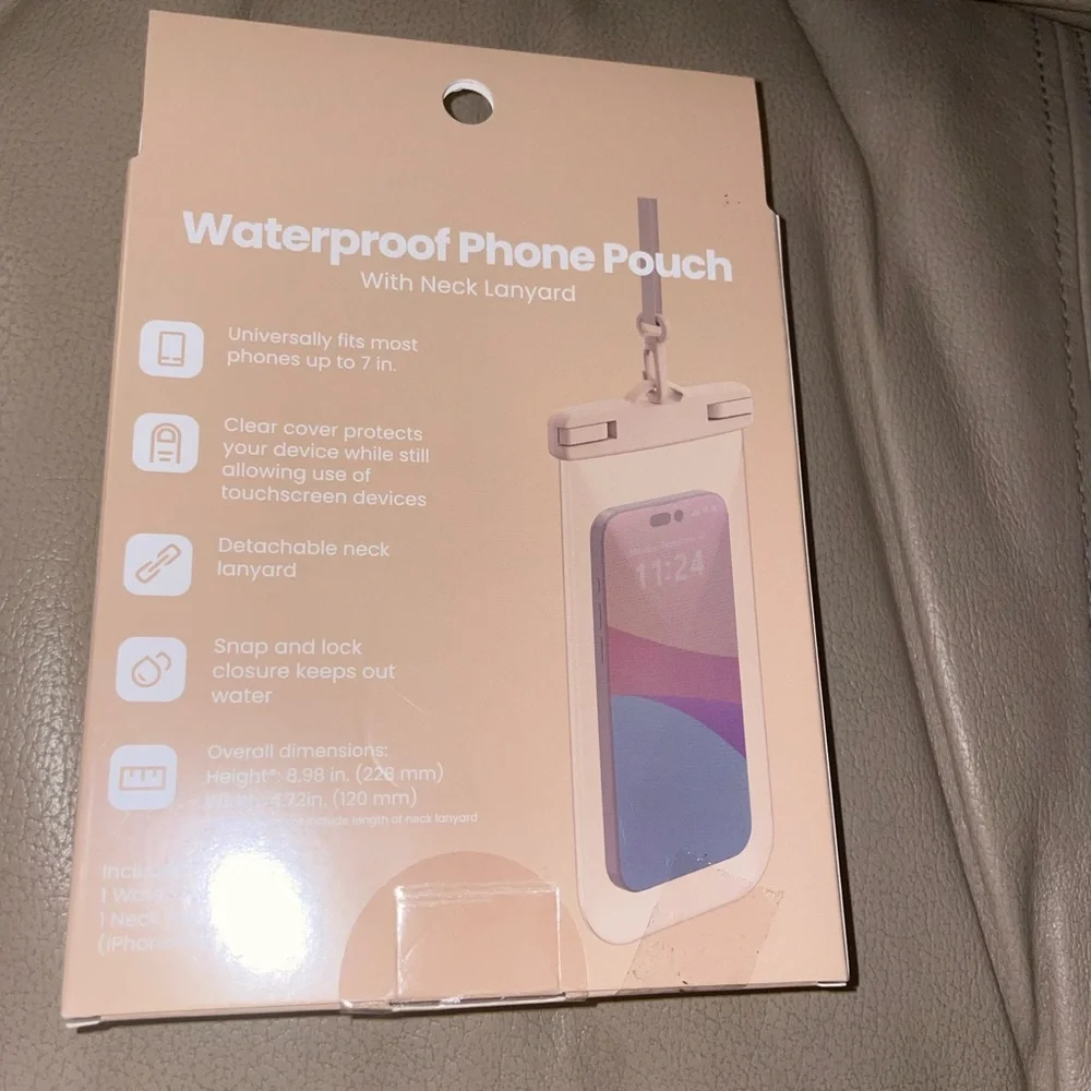 Waterproof Phone Pouch with Neck Lanyard - Cream NWT Fits Phones Up To 7”